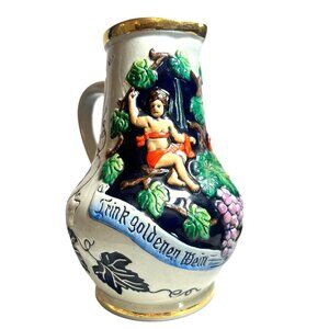 Vtg German Beer Stein Pitcher Gold Trim Embossed Original Thwalt Wein Aus Kuhlen